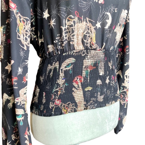 Nicole Miller NY black long puff sleeve blouse smocked waist holiday print XS - Picture 5 of 14